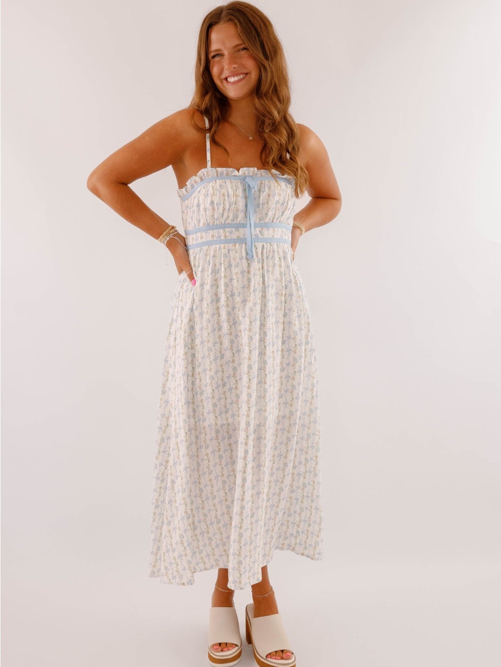 Blu Pepper White and Light Blue Smocked Midi Dress